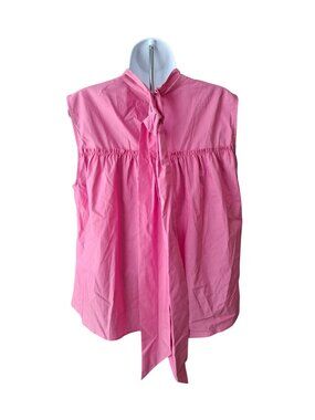 NY&Co Pink Tie Neck Blouse XL Sleeveless Poplin Top Preppy Chic Bright
